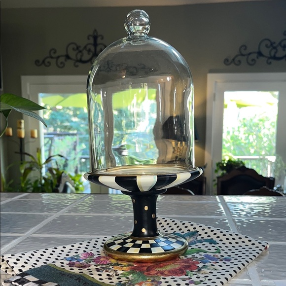 MacKenzie-Childs Black White & Gold Check Pedestal with Clear Dome